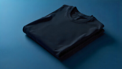 Neatly folded dark navy blue cotton t-shirt isolated on a modern blue background, perfect for a clean and minimalist fashion mockup or apparel design template