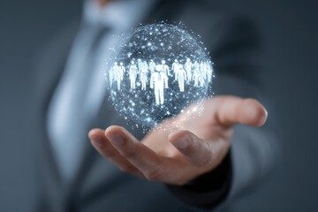 A hand holds a holographic sphere of people