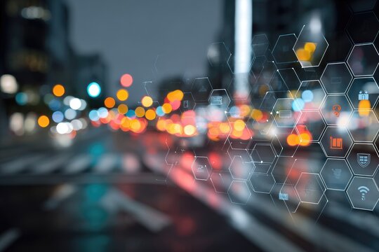 City street at night overlaid with data icons