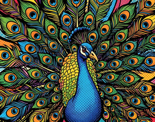 Fototapeta premium Colorful Peacock with Vibrant Detailed Feathers in Artistic Style