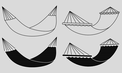 Set of hammock vector illustrations in outline, silhouette icon.minimal line art with canopy variations, perfect for camping, travel, outdoor, rest, and summer design