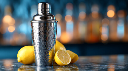 Stainless Steel Cocktail Shaker With Fresh Lemons on Bar Counter in Lively Cocktail Lounge