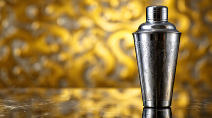 Elegant Cocktail Shaker Stands on a Reflective Surface Against a Golden Patterned Backdrop