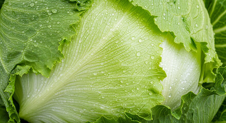 Close up of a fresh iceberg lettuce with water drops