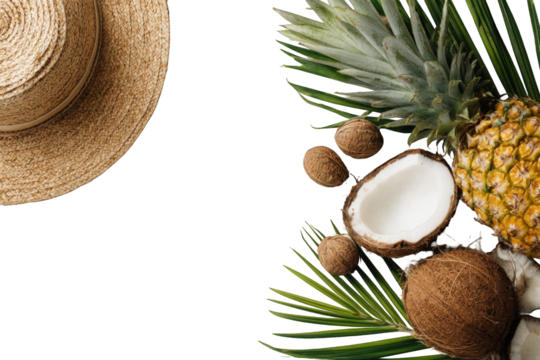Tropical fruits and hat on a black background