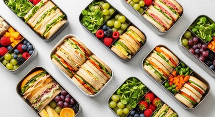 Healthy bento box lunch assortment with sandwiches and fruit