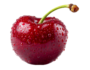 Close-up of fresh red cherry with water drops, isolated on a transparent background, PNG