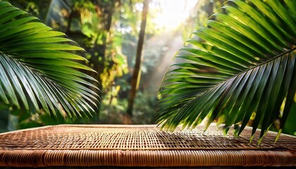 a fan of tropical palm fronds displayed on a woven wicker table in a lush jungle setting