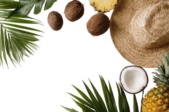 Tropical fruits and leaves arranged on a black background - Powered by Adobe
