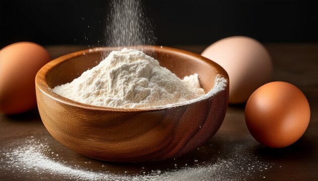 flour dusting in wooden bowl with eggs