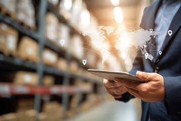 Businessperson in warehouse using tablet, global map overlay