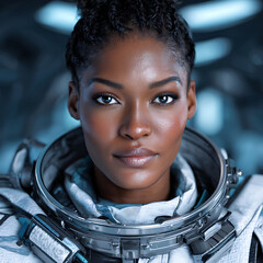 Female Astronaut in Futuristic Suit Poses Confidently in a High-Tech Space Environment