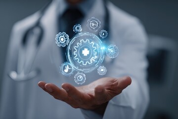 Doctor holds holographic medical gears