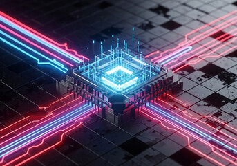 Futuristic central processing unit with glowing neon data streams