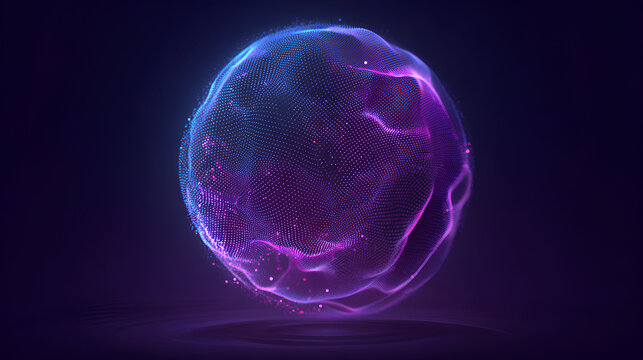 Blue and purple neon 3d sphere of gradient waves and glowing particles. Abstract technology concept, Artificial Intelligence, engineering, big data, and innovations. Vibrant futuristic sphere.