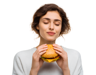 Happy woman eating hamburger, isolated on a transparent background, PNG