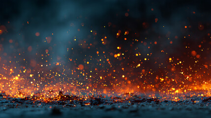 Bright glowing fire particles rising in a fiery sky with smoke. Fire flakes and bonfire background. Fire particles. Hot burning fire sparks and ashes. Stock Illustration