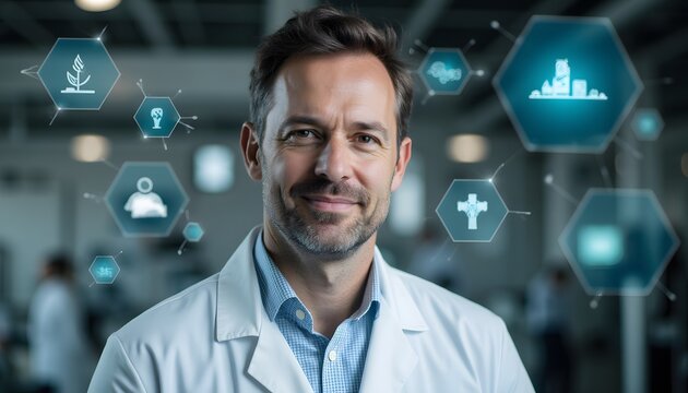 Professional doctor smiling with technological icons in a modern healthcare environment