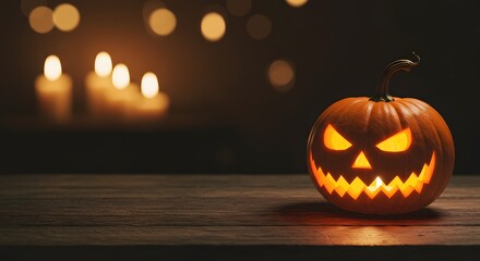 Fototapeta premium A carved jack-o'-lantern glows brightly on a wooden surface, with candles in the background creating a festive atmosphere.
