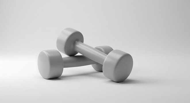 A pair of light grey smooth-textured dumbbells crossed over each other for fitness training.