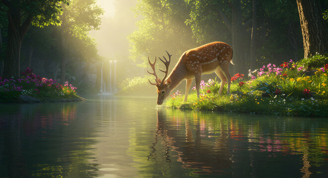 An artistic depiction of a deer drinking water from a river in a forest.
