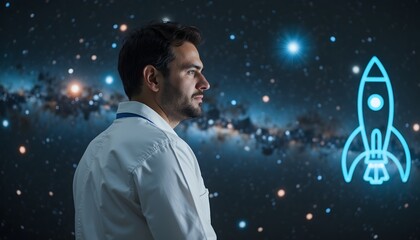 Astronaut in Lab Coat Contemplating Space Exploration with Rocket Illustration