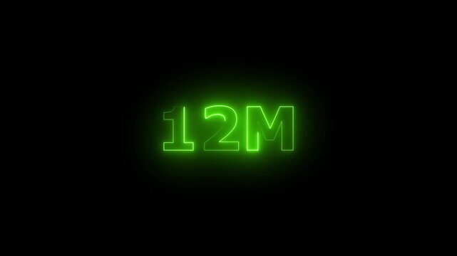 Neon 12M Animated Text.Glowing Neon 12M Countdown Animation .Bright Motion Typography for Timers, Events, and Digital Media Projects