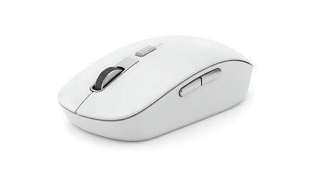 Modern white wireless computer mouse with an ergonomic design side buttons and a dark scroll wheel.