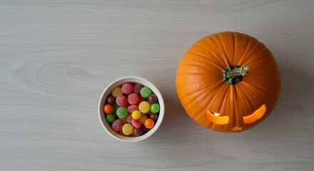 Halloween scene featuring a carved pumpkin and a bowl of colorful candies on a light surface.