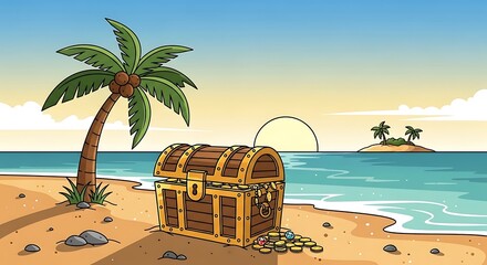 Obraz premium Cartoon Treasure Chest on a Tropical Island Beach at Sunrise.