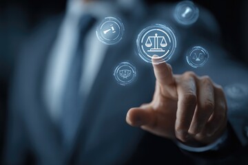 Businessman interacting with holographic legal icons