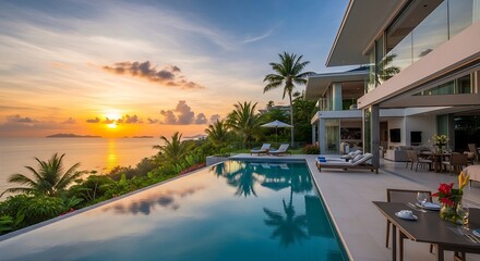 Fototapeta premium Tropical villa with infinity pool and ocean view at sunset