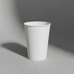 Blank White Paper Cup Standing Isolated on Grey Background Studio Lighting Shadow