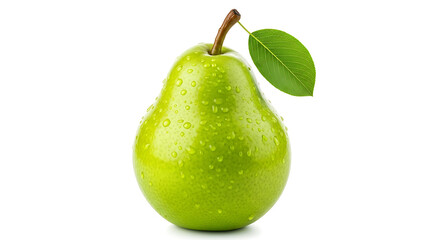 A green pear with water droplets on a white surface