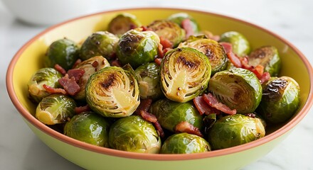 a vibrant bowl of roasted brussels sprouts with bacon bits and a balsamic glaze, perfectly caramelized. Shallow depth of field emphasizing the crispy edges. Bright, natural light from above. 