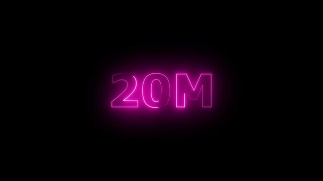 Neon 20M Animated Text.Glowing Neon 20M Countdown Animation .Bright Motion Typography for Timers, Events, and Digital Media Projects