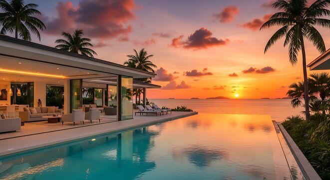 Serene beachfront villa with infinity pool and vibrant sunset