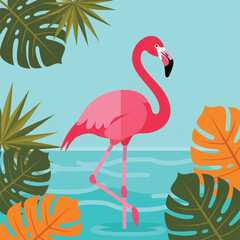 A vibrant illustration of a pink flamingo standing in shallow blue water surrounded by lush tropical foliage.