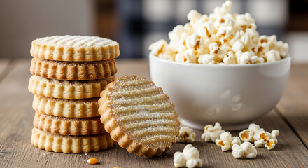 Stack of cookies and bowl of popcorn on wood table