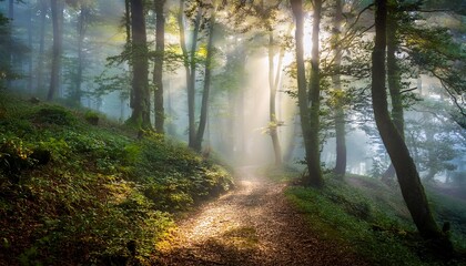 Obraz premium misty forest path an atmospheric path winds through a mysterious misty forest sunlight filtering through the dense canopy creating an ethereal and enchanting scene