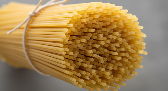 A bundle of uncooked spaghetti tied with string