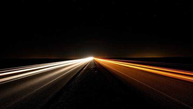 Night highway with light trails disappearing into darkness