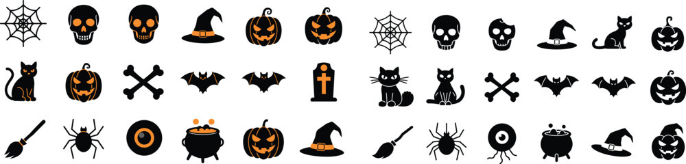 Halloween Icon Set – Skull, Pumpkin, Witch Hat, Cat, Bat, Cauldron, Spider, Crossbones, Vector Clipart