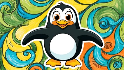 Obraz premium A cute hand-drawn cartoon penguin standing cheerfully on a bright, colorful background full of playful shape