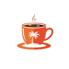 Orange coffee cup logo with a palm tree design.