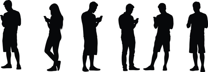Silhouettes of People Using Smartphones in Various Poses, Digital Interaction, Mobile Communication, Social Media, Technology, Connected PeopleSilhouettes of People Using Smartphones in 