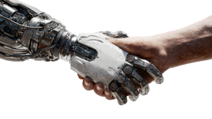 A metallic robot hand shakes a human hand