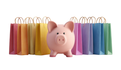 Piggy bank surrounded by colorful shopping bags (1)