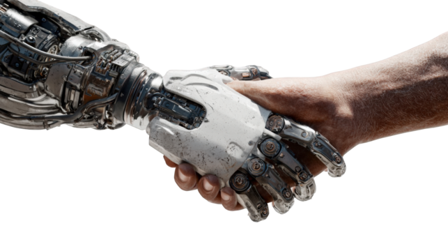A metallic robot hand shakes a human hand