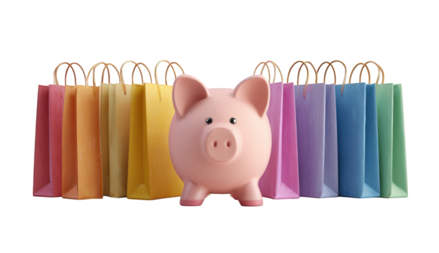 Piggy bank surrounded by colorful shopping bags (1)